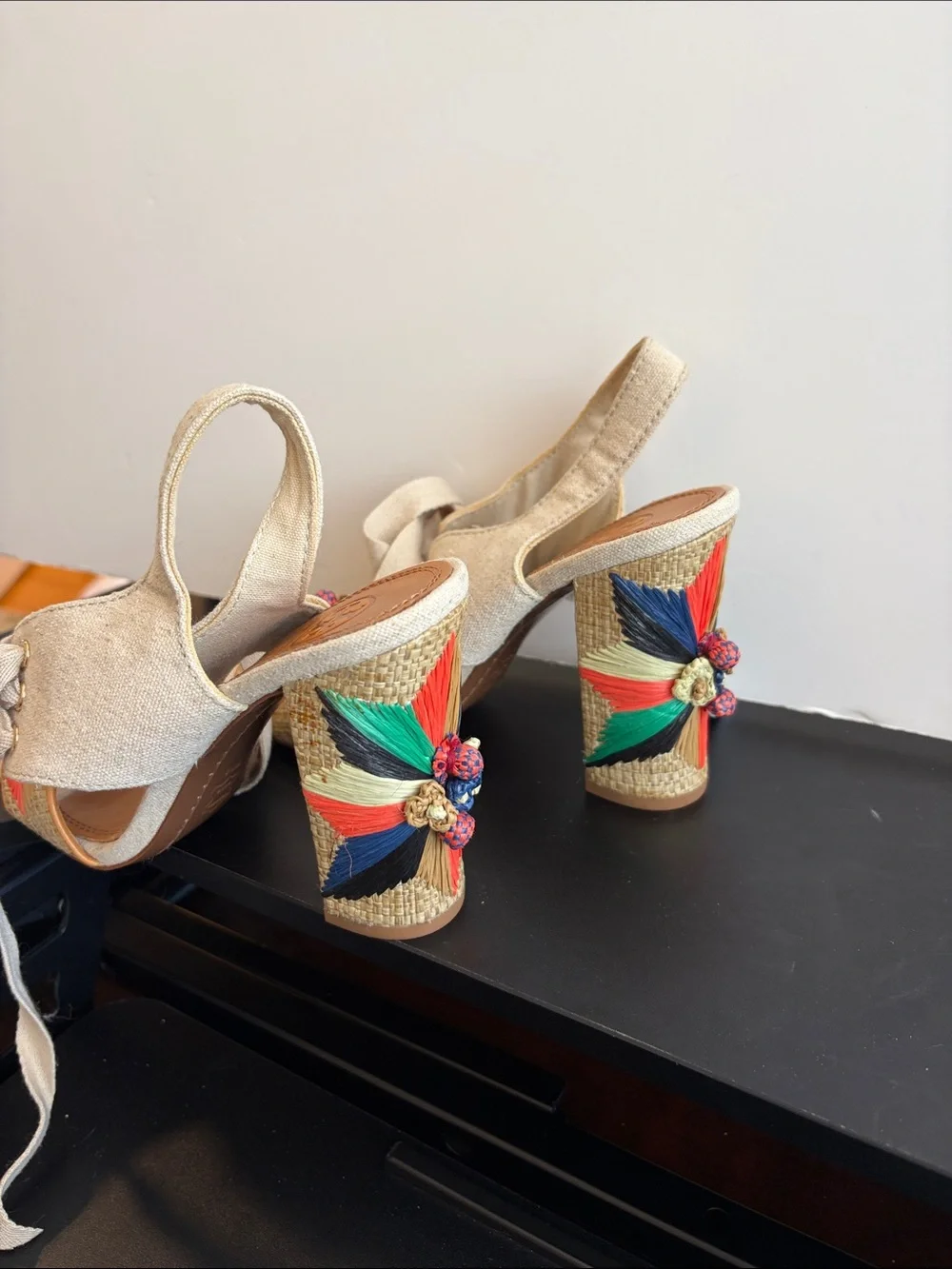 Tory Burch Neutral Raffia Wedge Sandals with Multicolor Tassel Detail